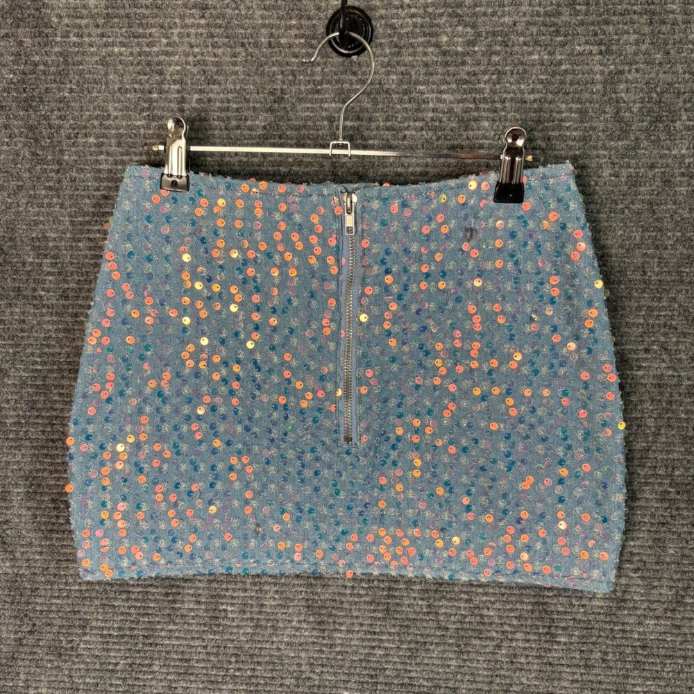 NWT PrettyLittleThing Sequin Denim Mini Skirt Y2K Party Club Festival Blue US 0 - Picture 2 of 5